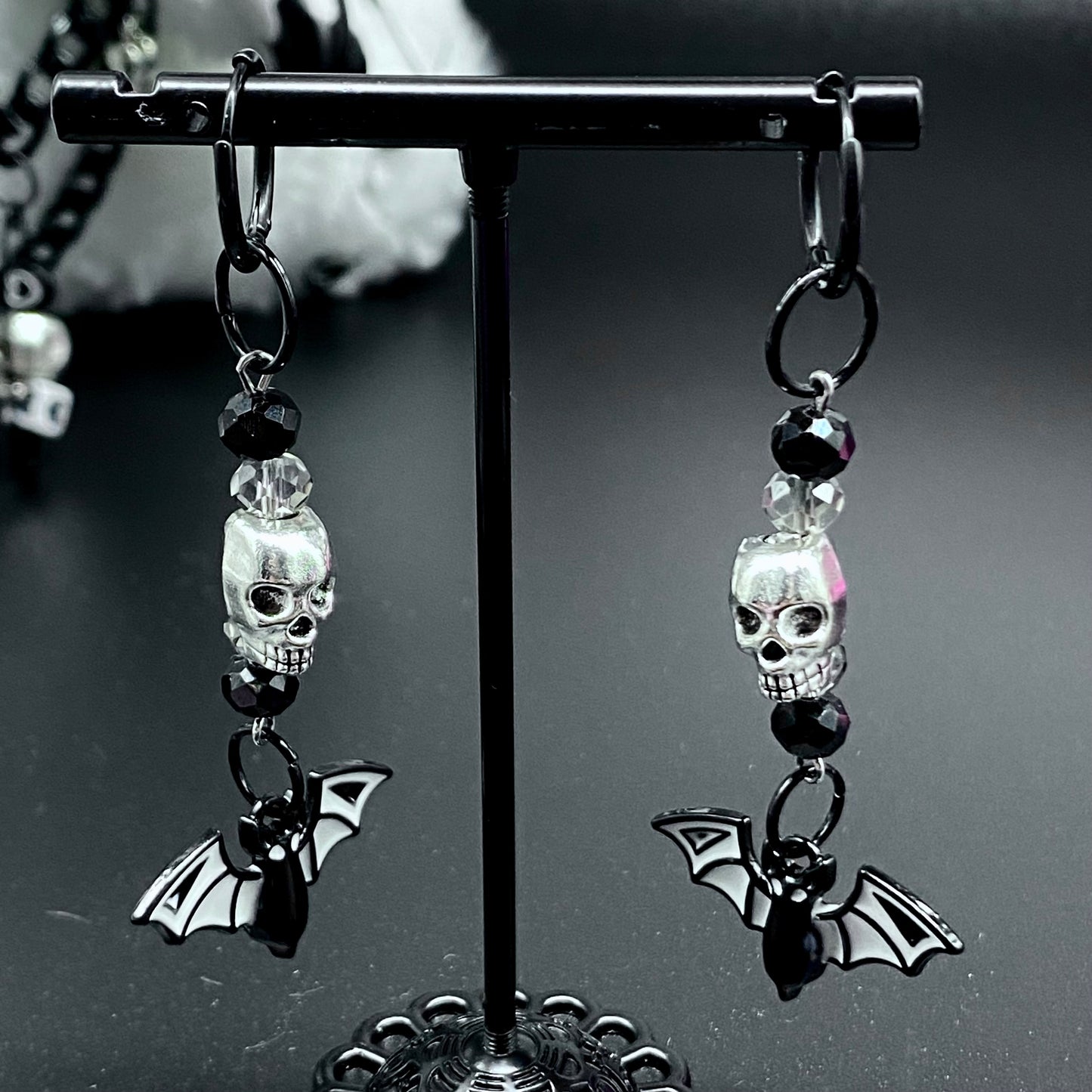 Bat & Skull Beaded Charm Drop Earrings