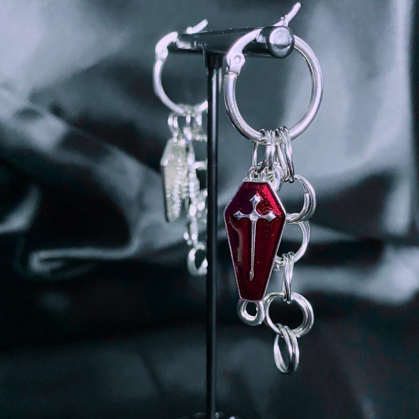 Vamp Coffin Charm Chainlink Hoop Earrings